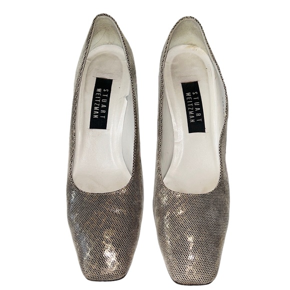 Stuart Weitzman Vintage Metallic Gold Faux Snakeskin Block Kitten Heels - 9 - Picture 5 of 14